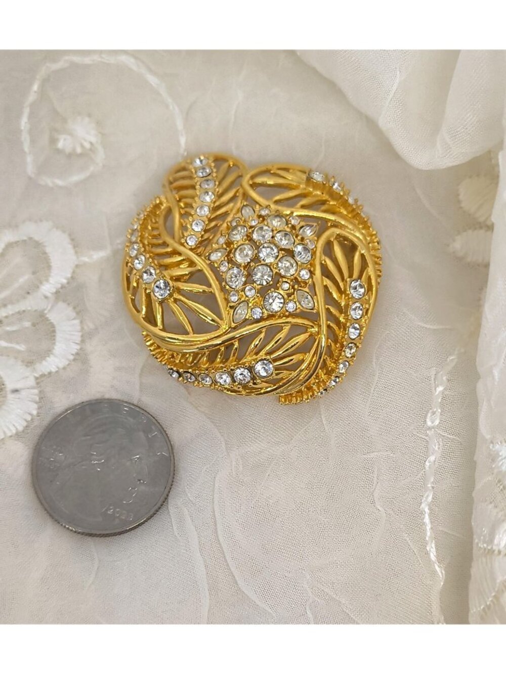 QVC Estate Style~ Crystal Rhinestone Leaf Domed Gold Tone Pin/Brooch Signed - Picture 4 of 5